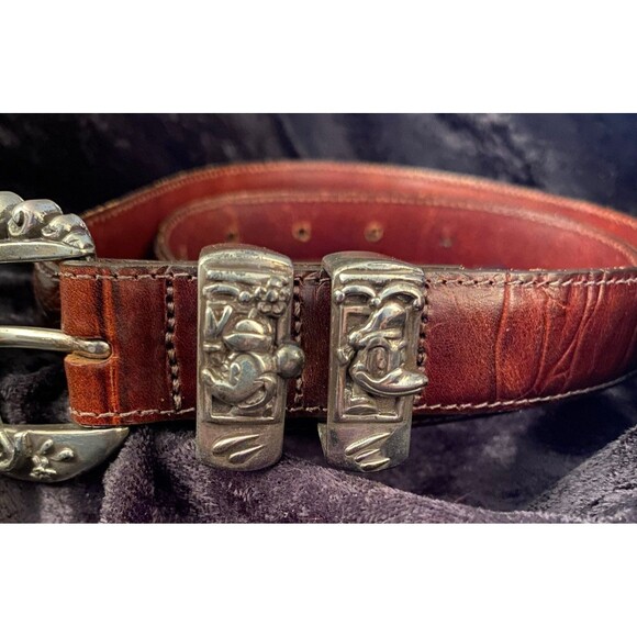 Disney Mickey & Co By Brighton Brown Statement Belt Silver Mickey Train Buckle - Picture 2 of 11